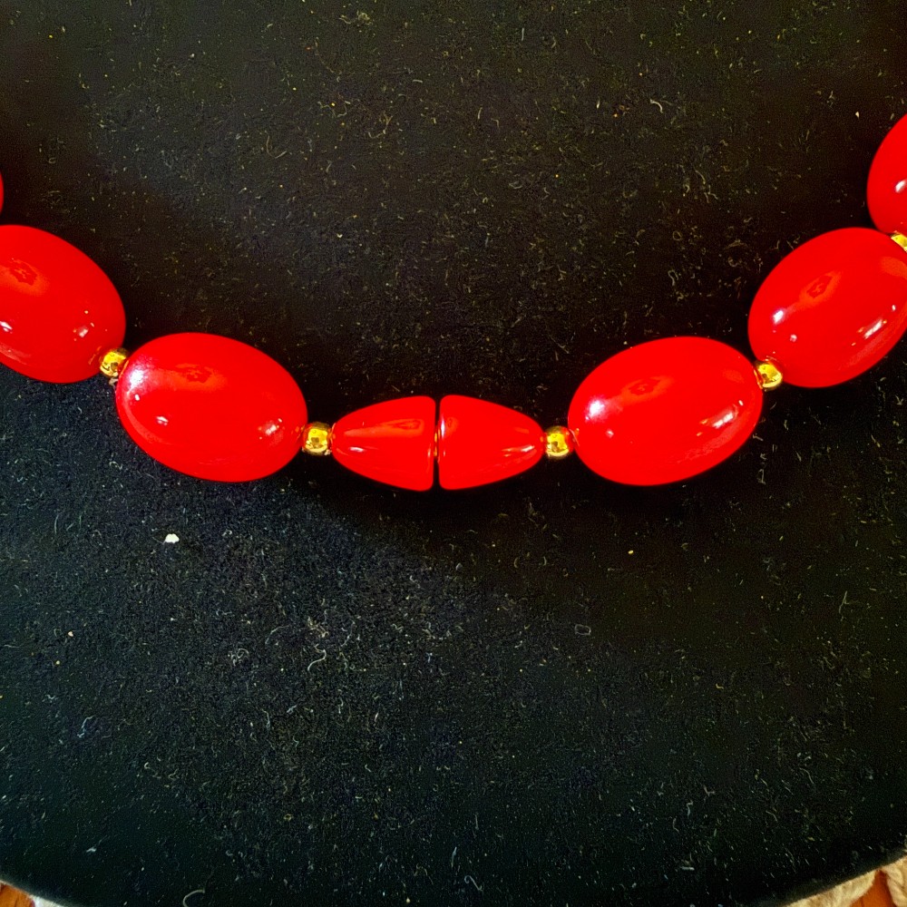 Cherry Red Oval Bead Necklace Gold Spacers