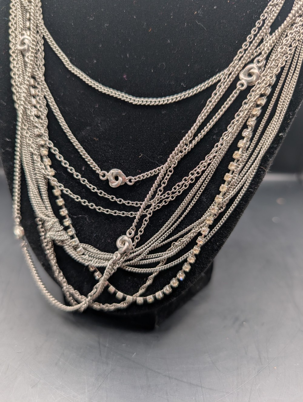 vintage multi-strand liquid silver-tone waterfall bib necklace,