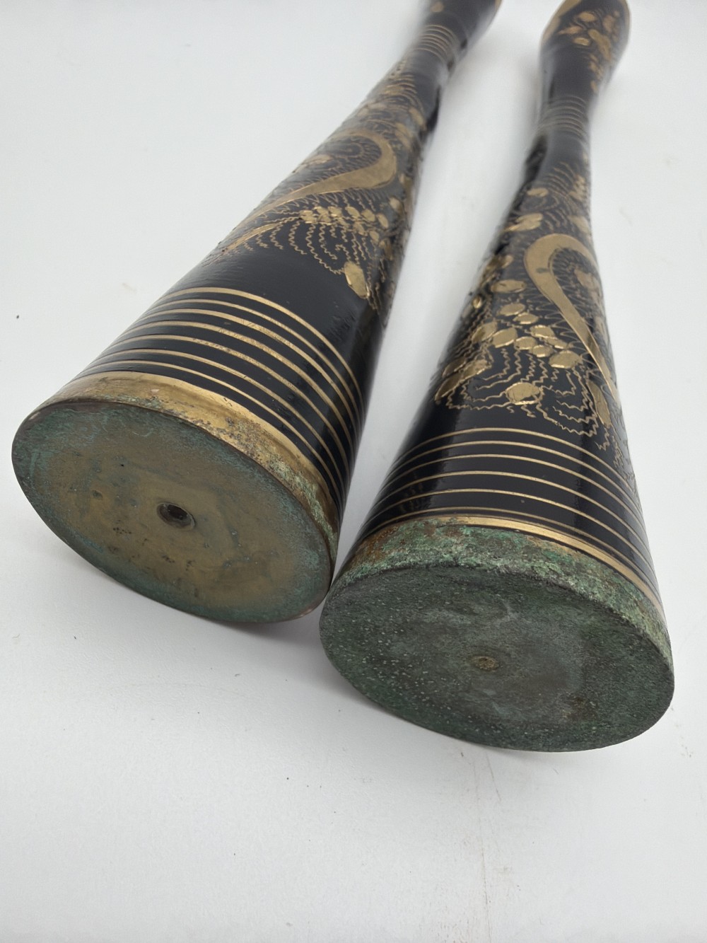 Pair Vintage Etched Brass Bud Vases