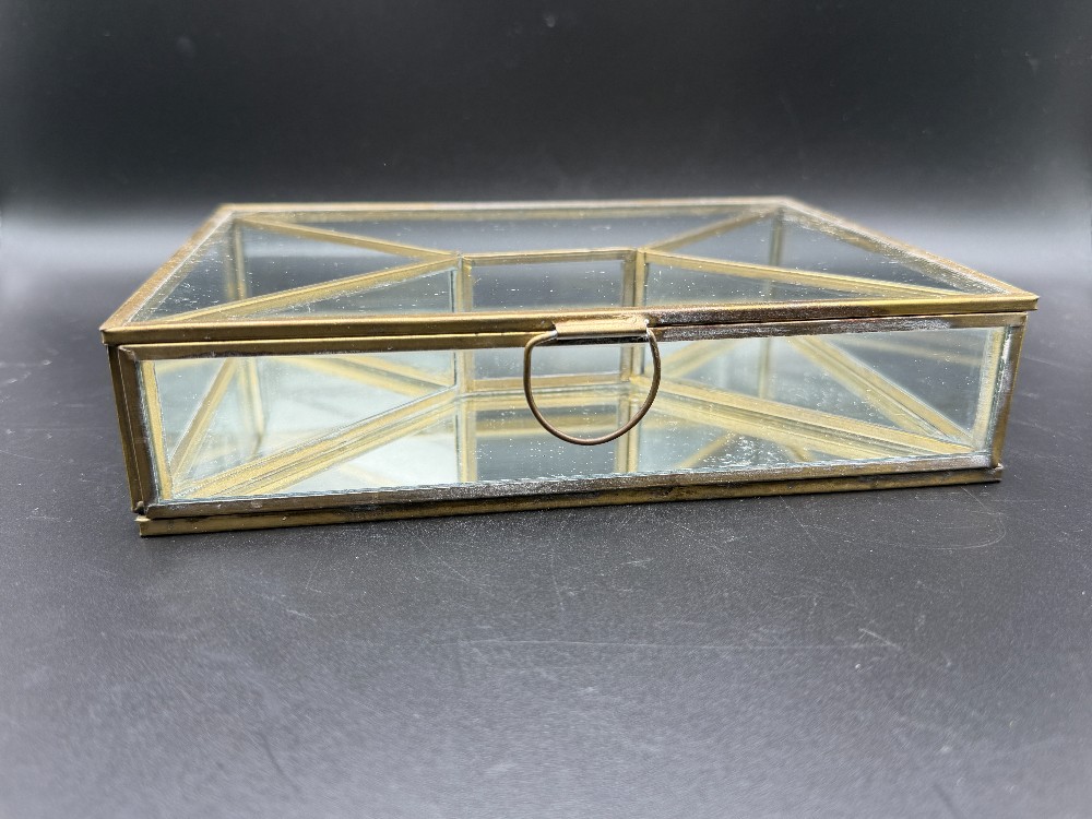 Brass and Glass Geometric Jewelry Casket Box with Mirrored Base