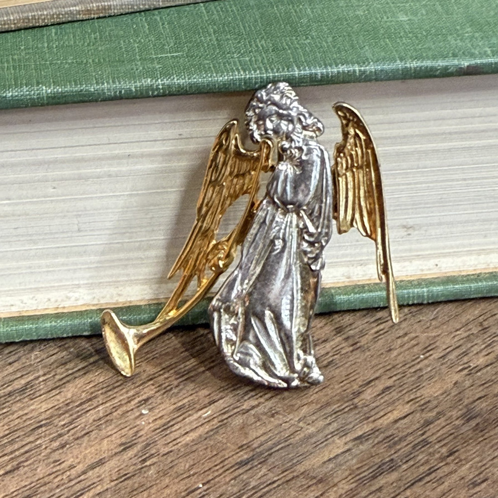 Gold and Silver Tone Trumpet Angel Brooch