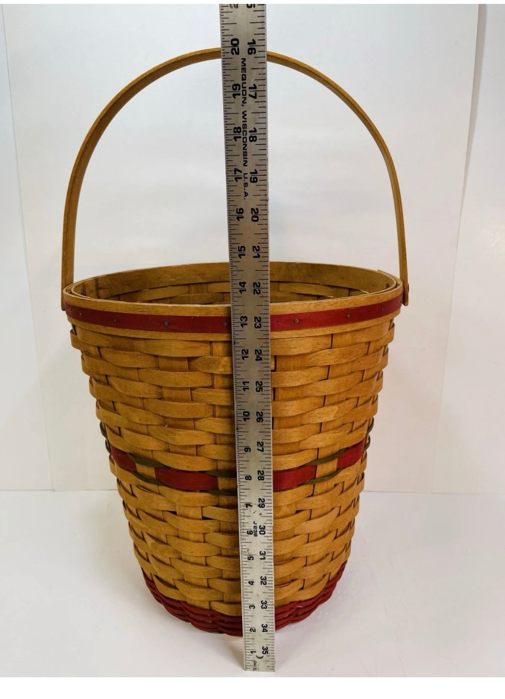 Basket Longaberger 1991 Handwoven Waste Basket Red & Green Accent Signed Weaver 13 Inches