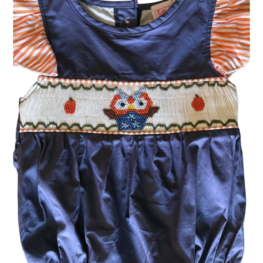 Navy Owl Smocked Romper