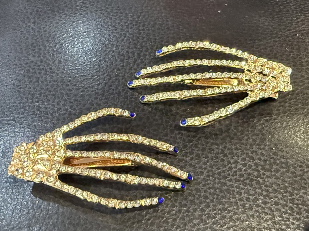 Hair Clips - Rhinestone Golden Skeleton Hands Jeweled Nails