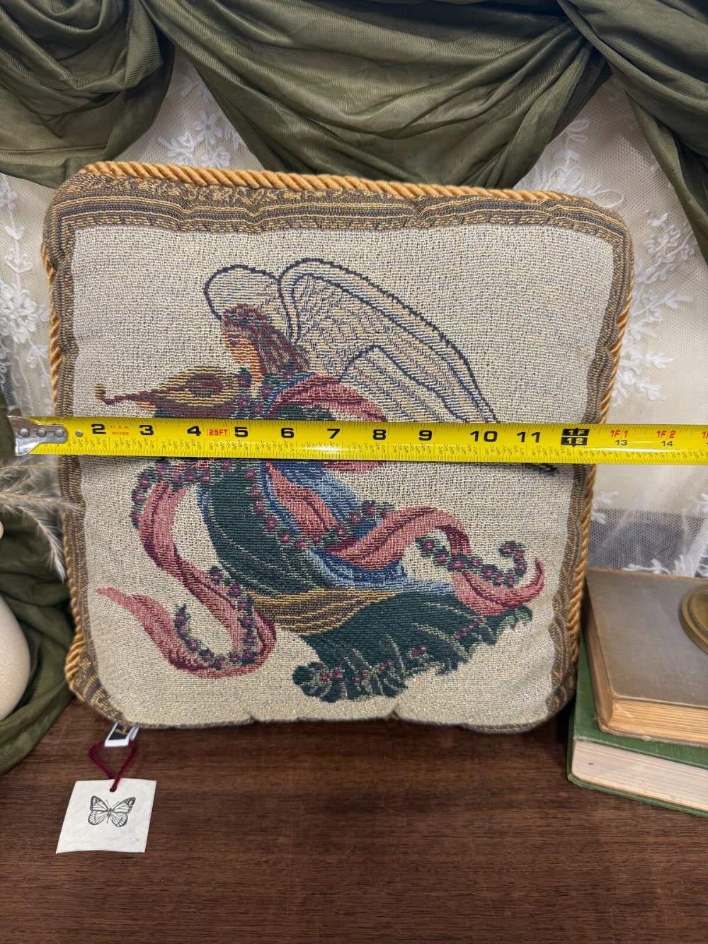 Tapestry Angel Pillow with Gold Rope Trim