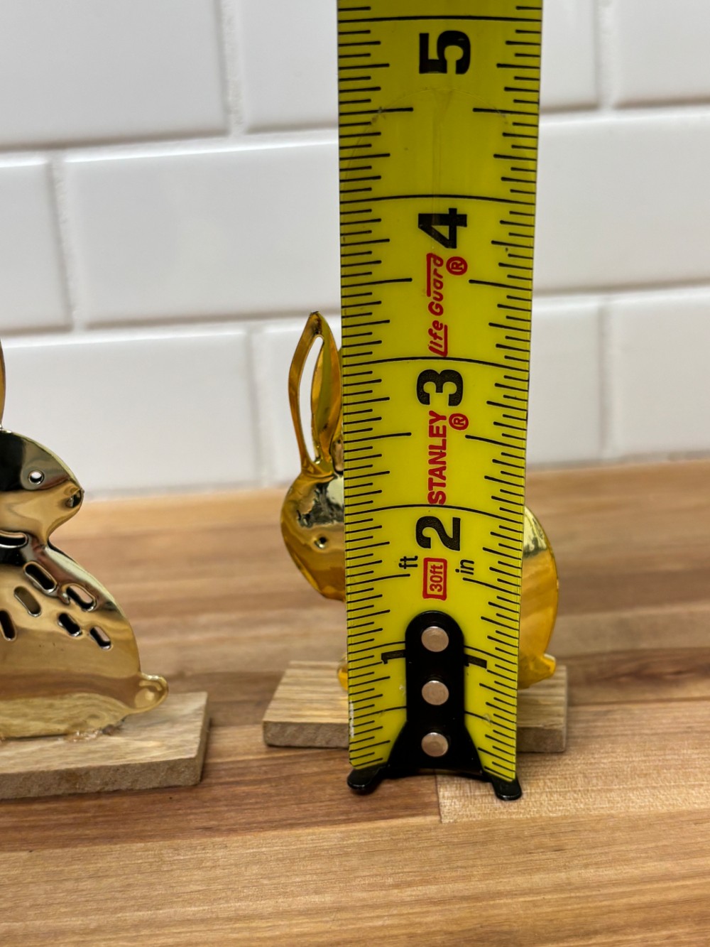 Gold Tone Metal Bunny Rabbit Figurines Pair on Wood Bases Farmhouse