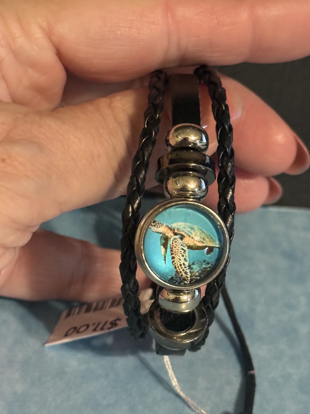 Bracelet-Genuine Leather black 3 strap Sea Turtle