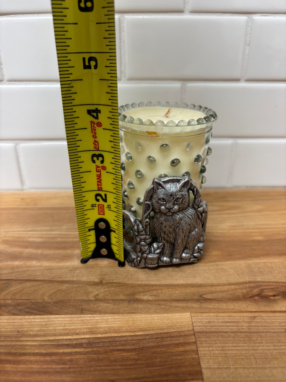 Pewter Cat Candle Holder Carlton 1997 Hobnail Glass Votive Kittycore