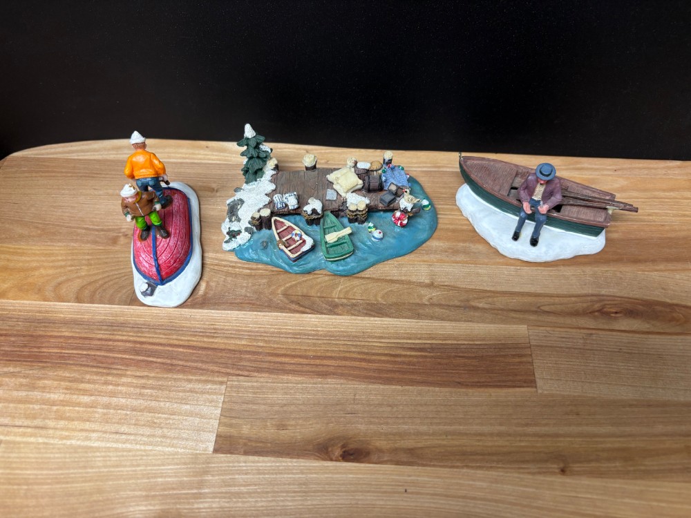 Christmas Village Winter Waterfront Dock Fishing & Boat Scenes 3 Piece Lot