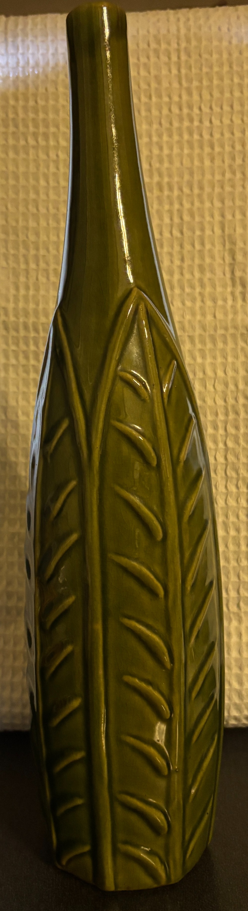 Ceramic olive green leaf design vase w/orchid & Bird Paradise