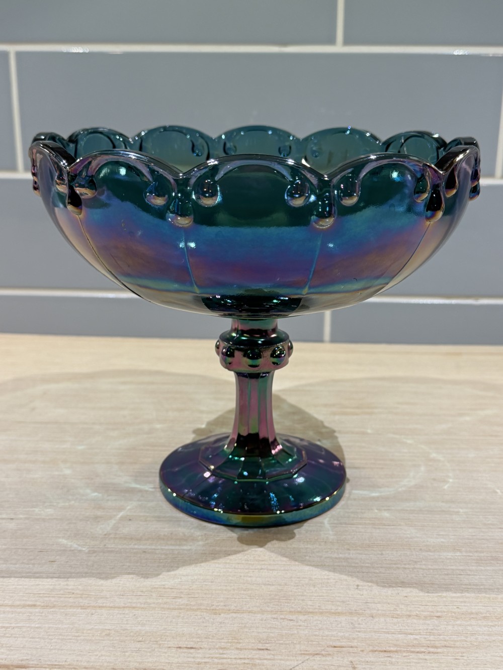 VTG Iridescent Teal Carnival Glass Compote 7.5’