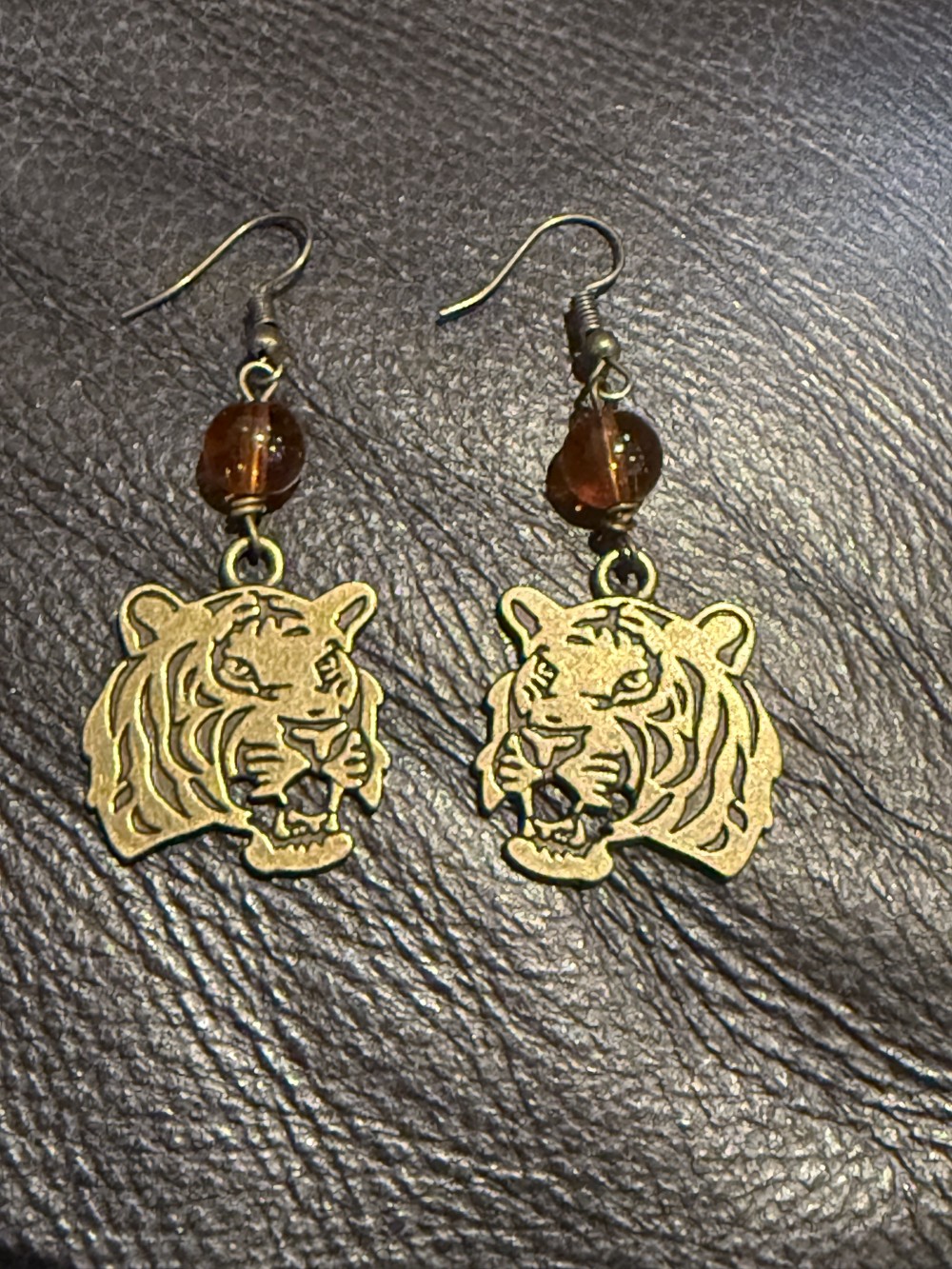 Earrings - Tiger face in bronze w/ Orange Bead Clemson, LSU