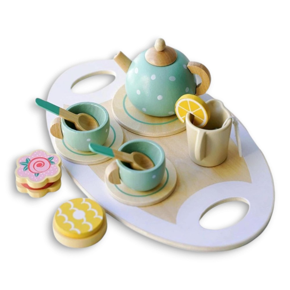 Play Tea Set w/Fabric Basket - Blue Striped