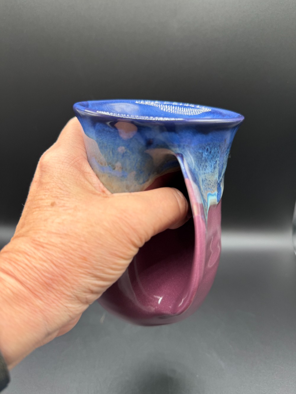 Clay in Motion Handmade Pottery Handwarmer Mug - Purple Passion Glaze (Right Handed)