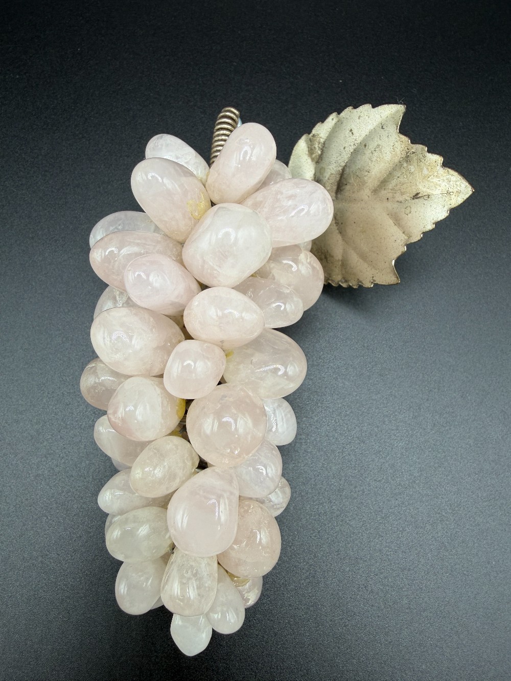 Vintage Mid-Century Rose Quartz Grape Cluster – Polished Stone Fruit with Metal Leaf