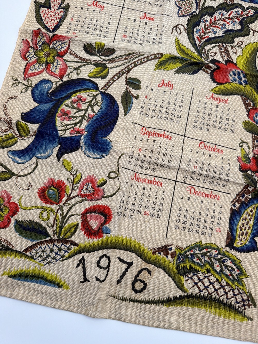 Vintage 1976 Floral Calendar Towel