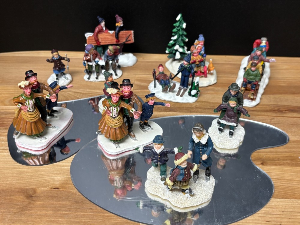 Christmas Village People Winter Activities Ice Skating Sledding Figurines 13 Piece Lot