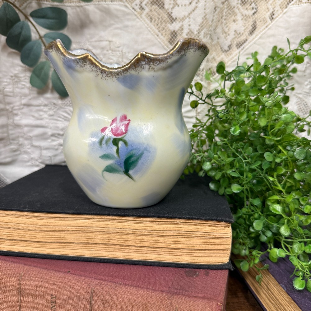 Vintage Hand-Painted Porcelain Rose Vase | Ruffled Rim | Gold Trim | Pink Lavender Roses | Victorian Style