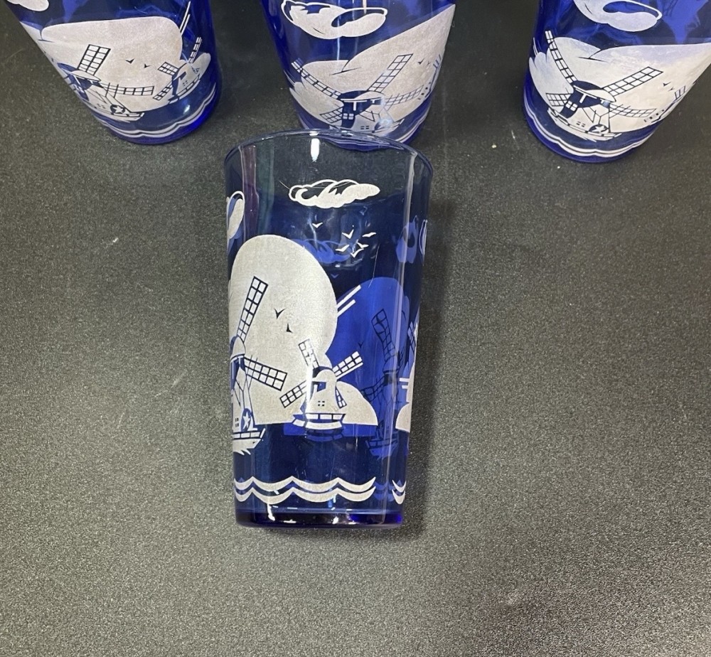 Cocktail Glass Set Hazel Atlas Cobalt Blue Dutch Windmill Ice Bucket 4 Glasses 4 Stir Sticks Vintage