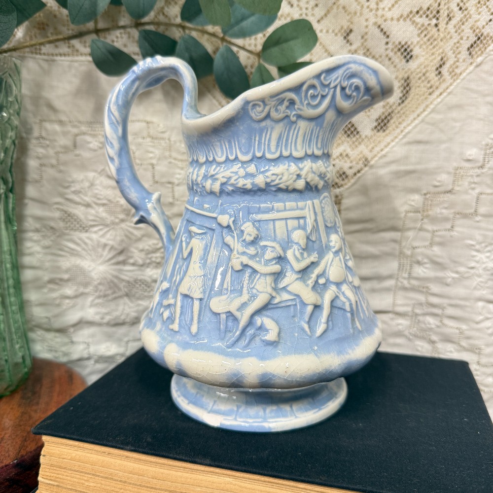 Vintage Blue & White Relief Ceramic Pitcher | Classical Mythology Scene | Spatterware Style | Grandmillennial Decor