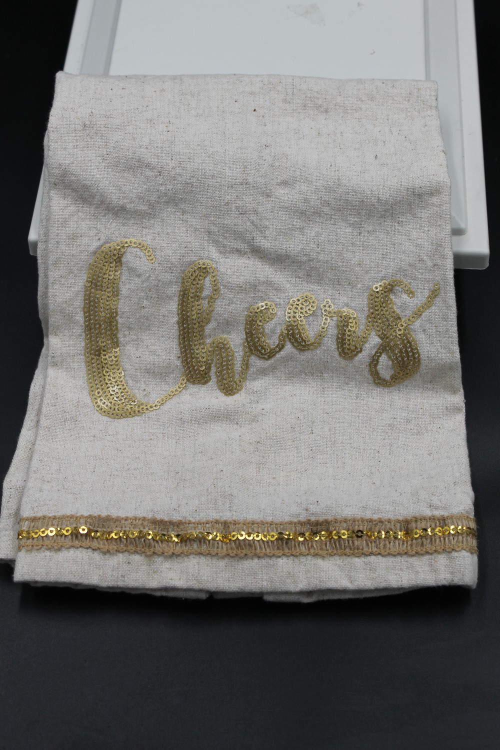 CHEERS burlap/gold sequin towel
