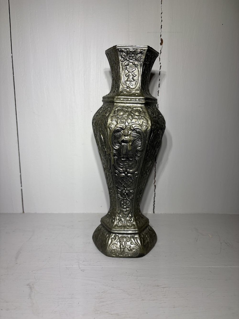 Ornate Pewter Vase 9.5” tall