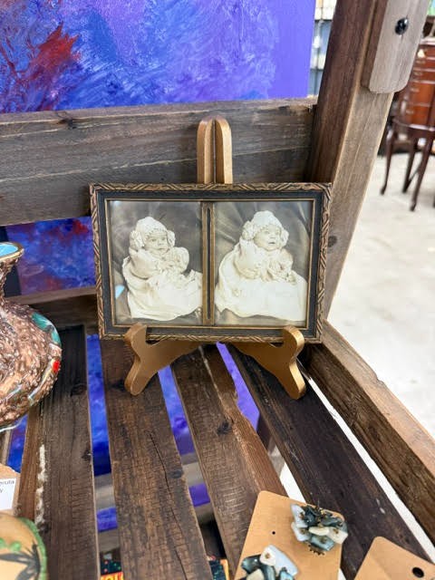1880-1920s  Arts Crafts Wood Double Picture Frame with Original  Children's  Photos