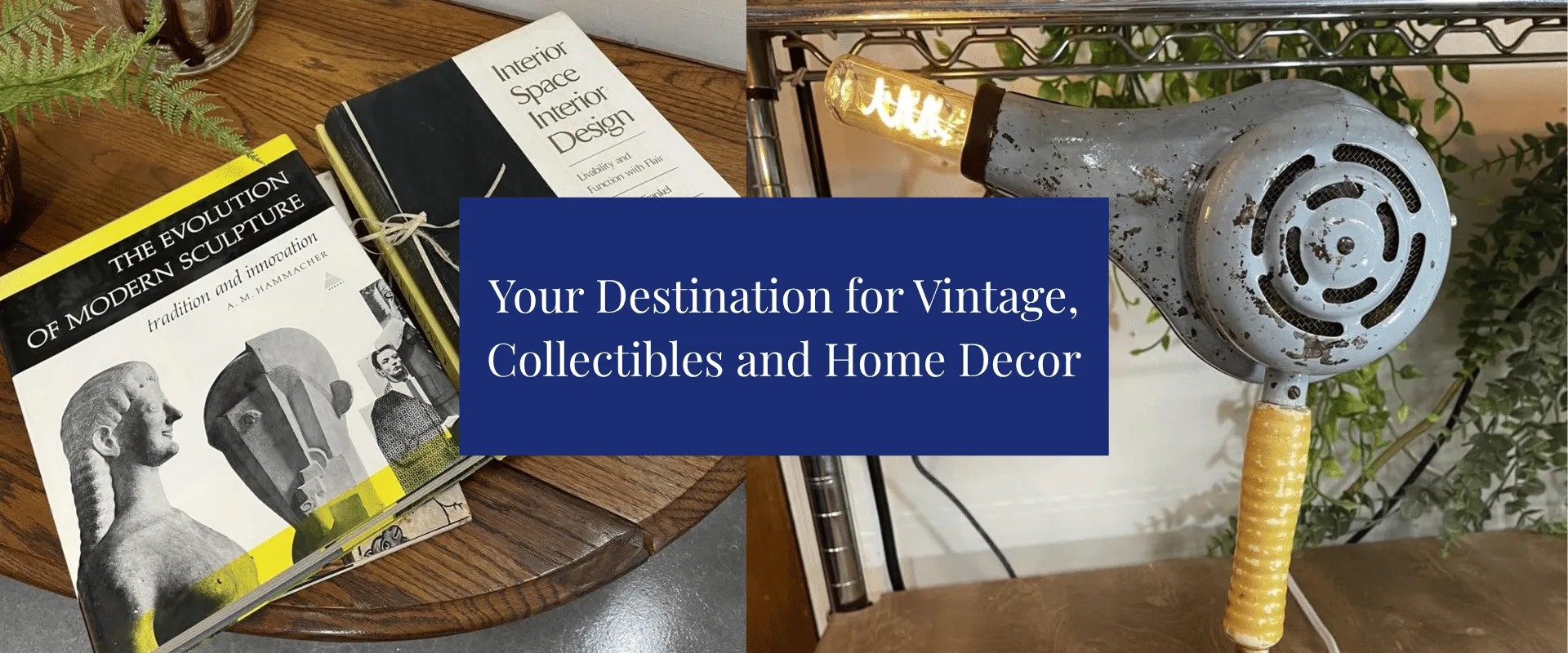 Header photo collage of interior design books on the left and a vintage lamp shaped like a hair dryer