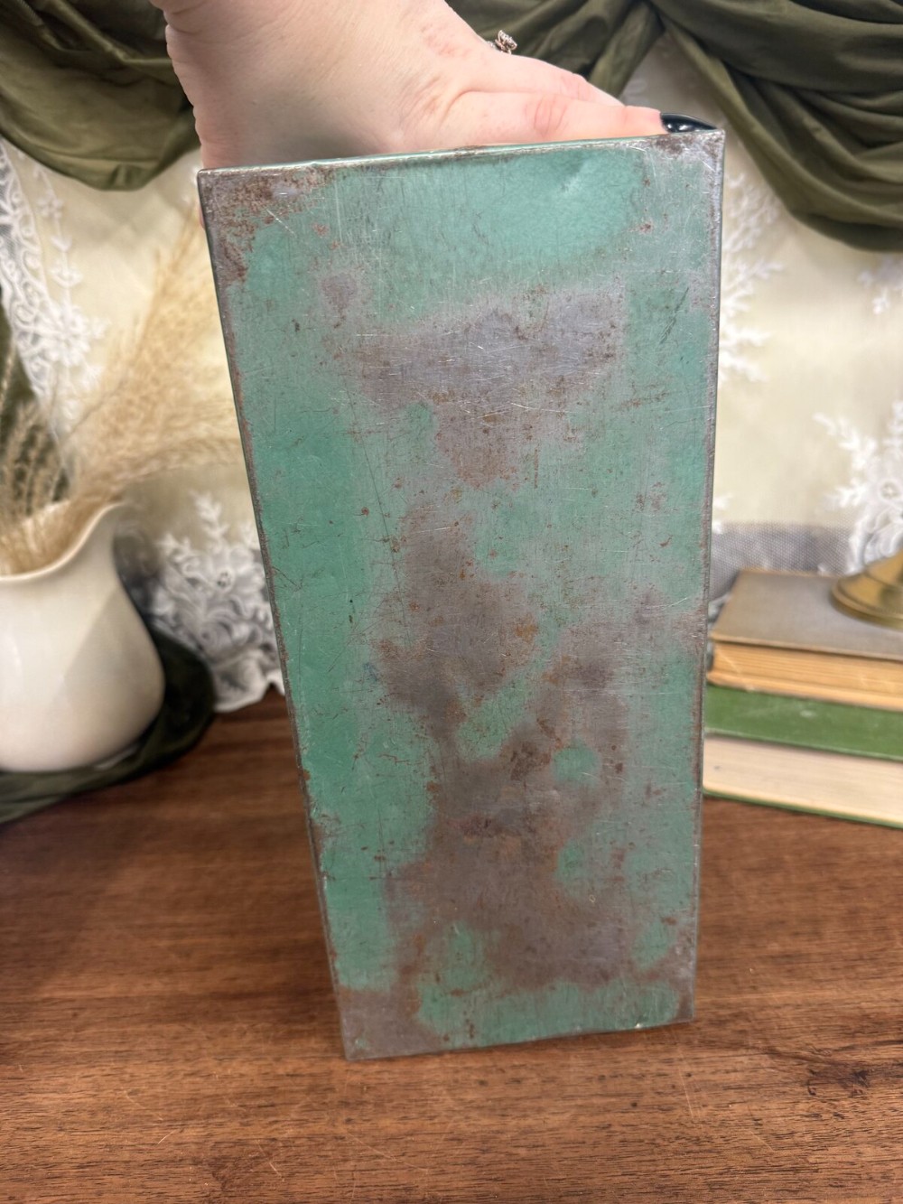 Green Metal File Box with Brass Latch and Handle