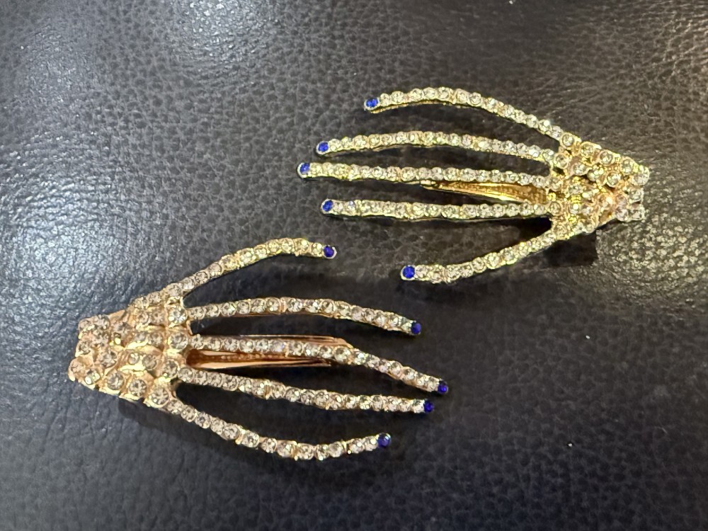 Hair Clips - Rhinestone Golden Skeleton Hands Jeweled Nails