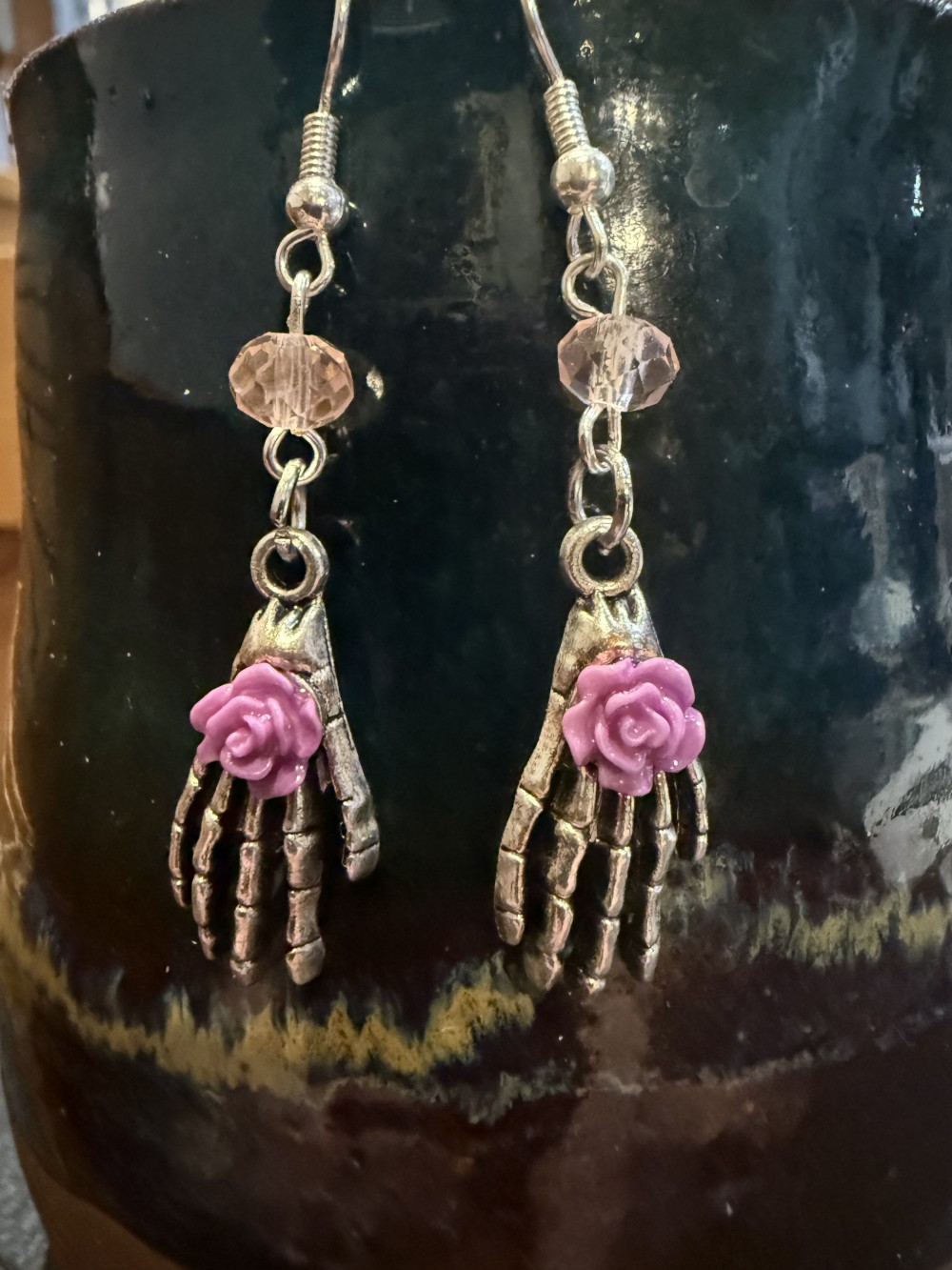 Earrings - Skeleton Hands Purple Rose