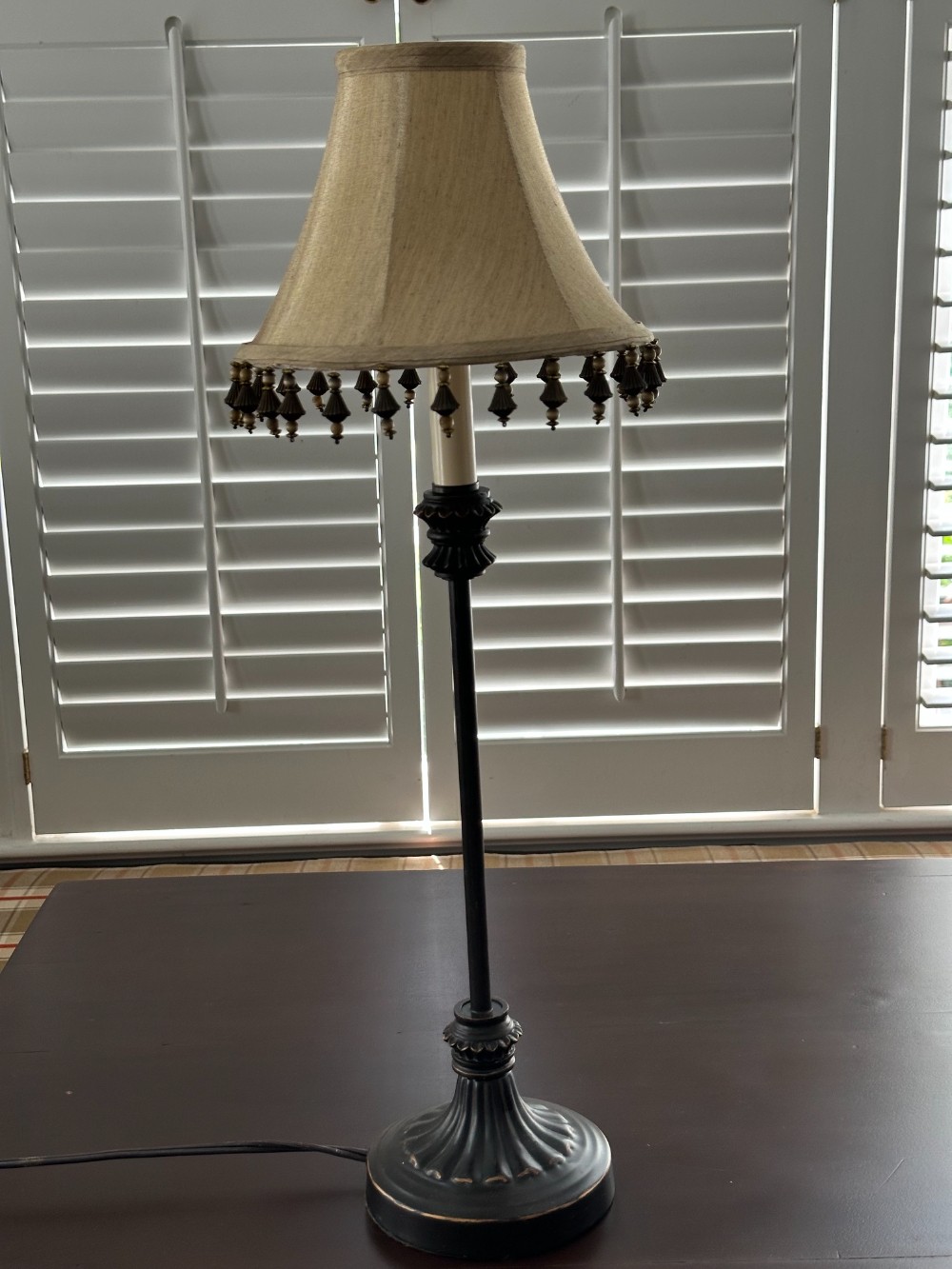 Vtg Candlestick Table Lamp Bronze Color with Beaded Shade