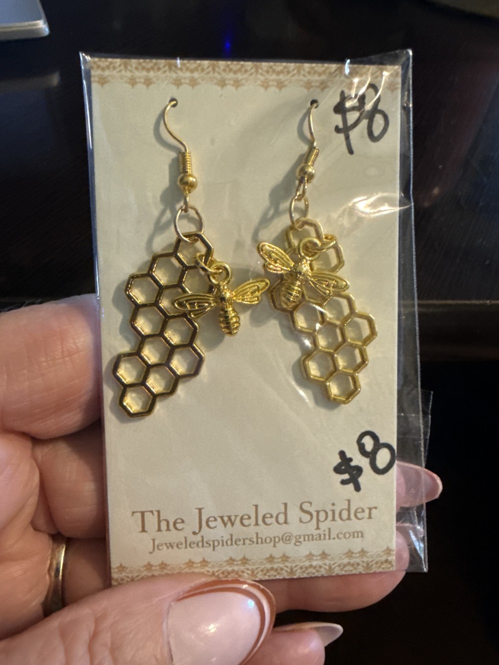 Earrings - Golden Honey Comb with Dangling Bee
