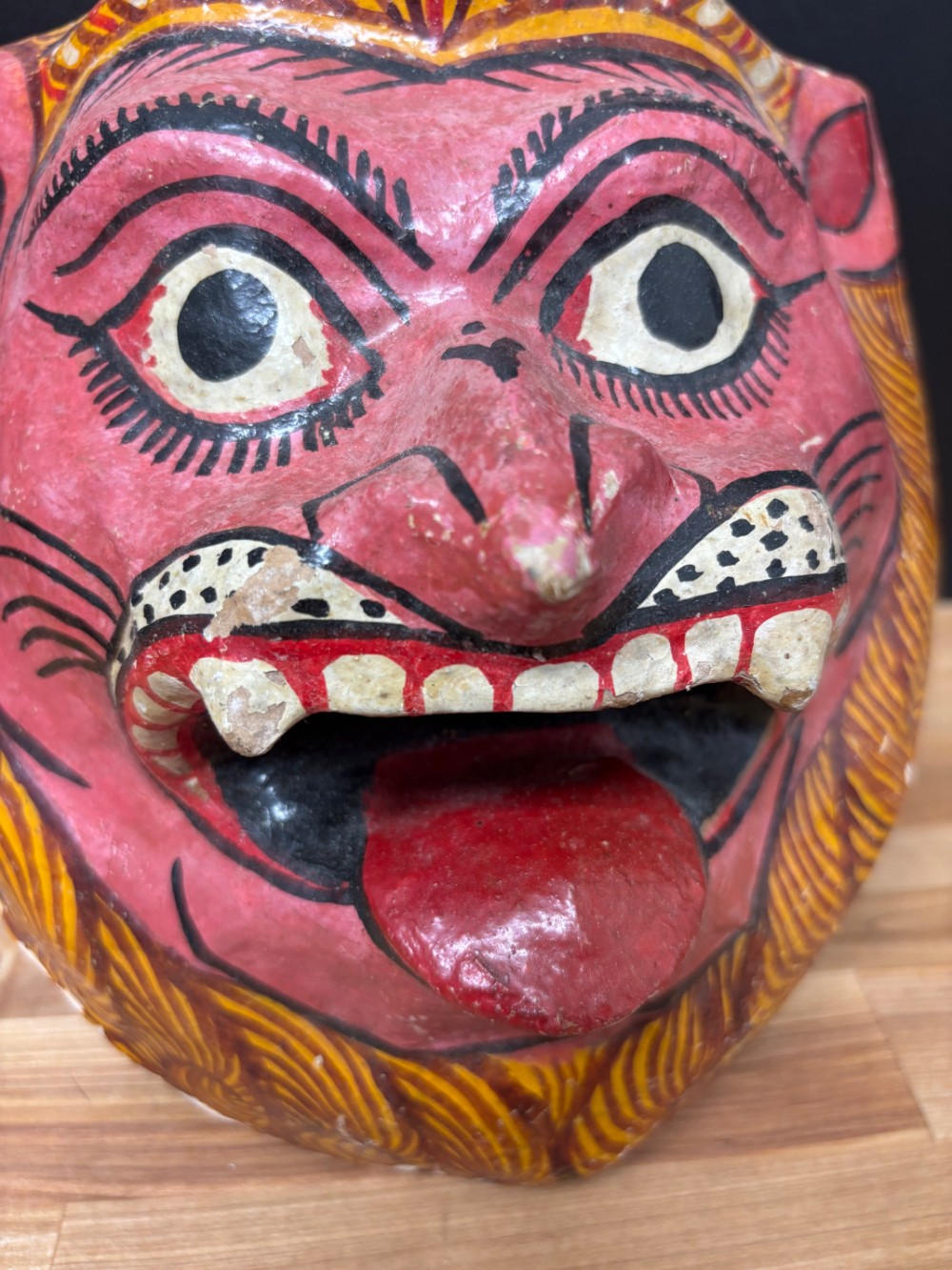 Hand Painted Papier Mache Hanuman Monkey Mask Indian Folk Art 1996 Wall Decor