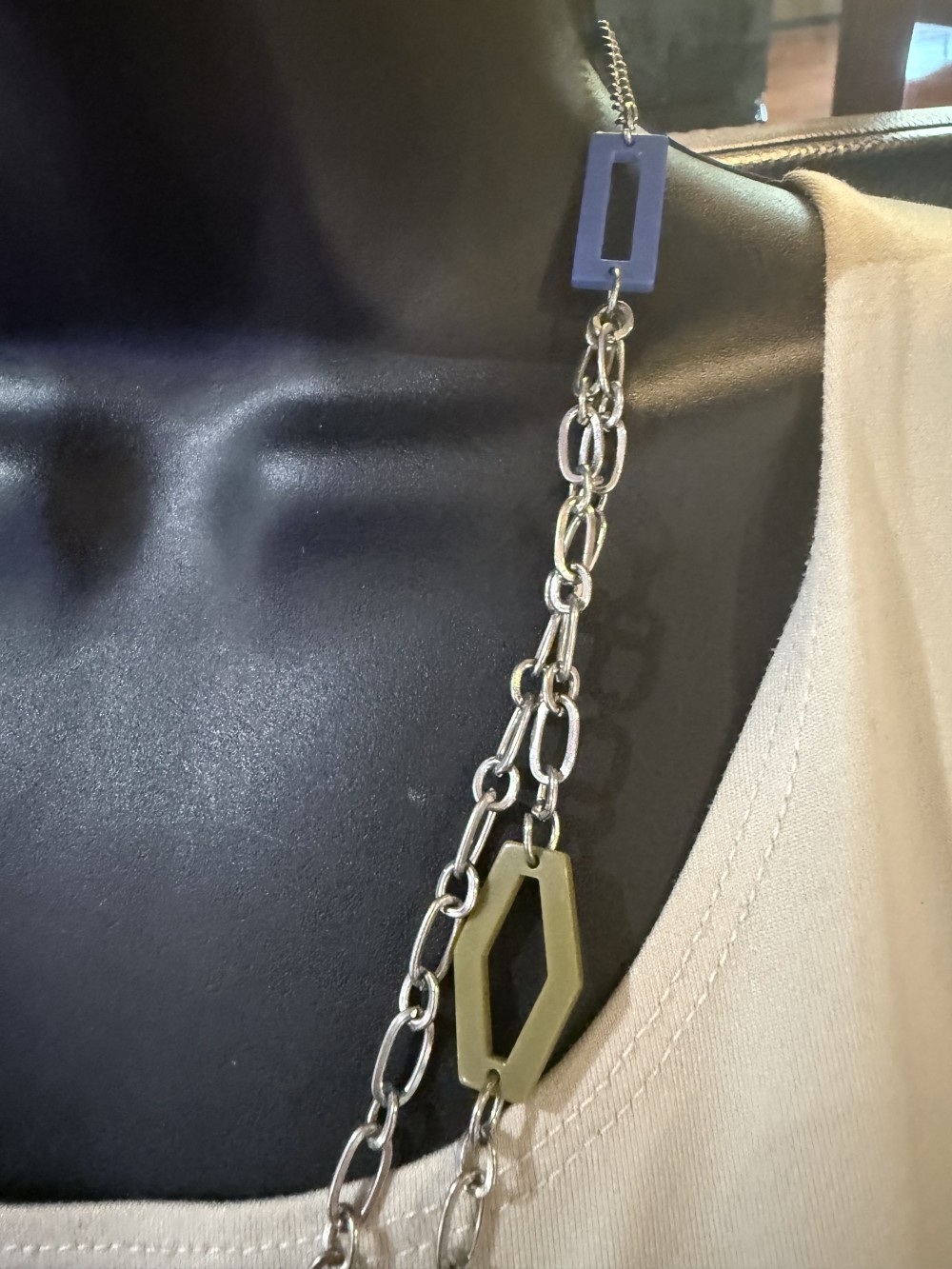 Long Necklace - Blue and Green Geometic Shapes and Silver Chains