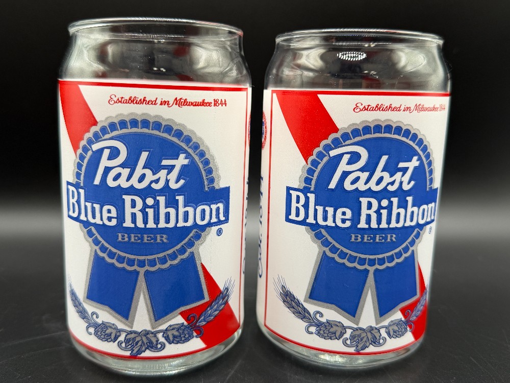 Pair Vintage Pabst Blue Ribbon Beer Can Glasses 16oz Libbey PBR Barware Set of 2
