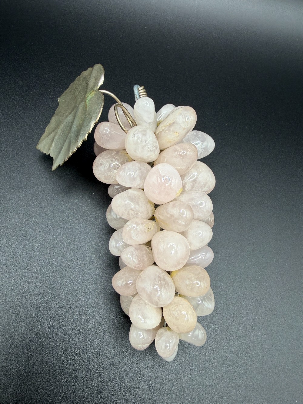 Vintage Mid-Century Rose Quartz Grape Cluster – Polished Stone Fruit with Metal Leaf
