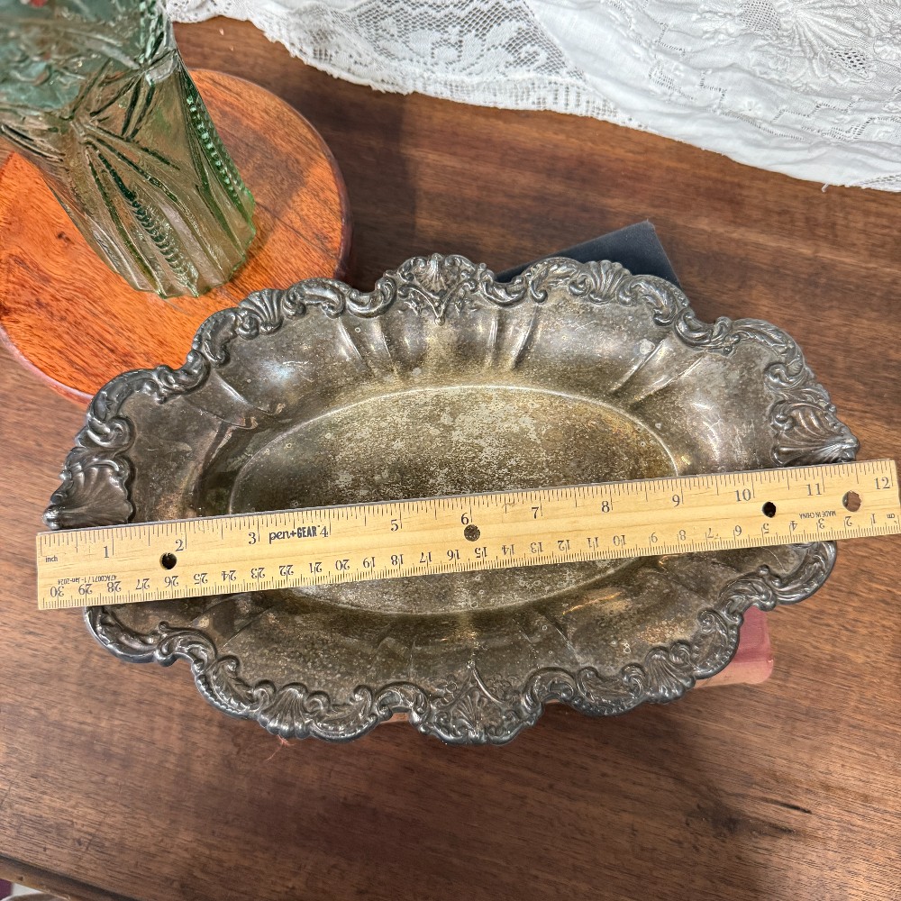 Vintage Ornate Silver-Tone Oval Dish | Rococo Scrollwork | 11