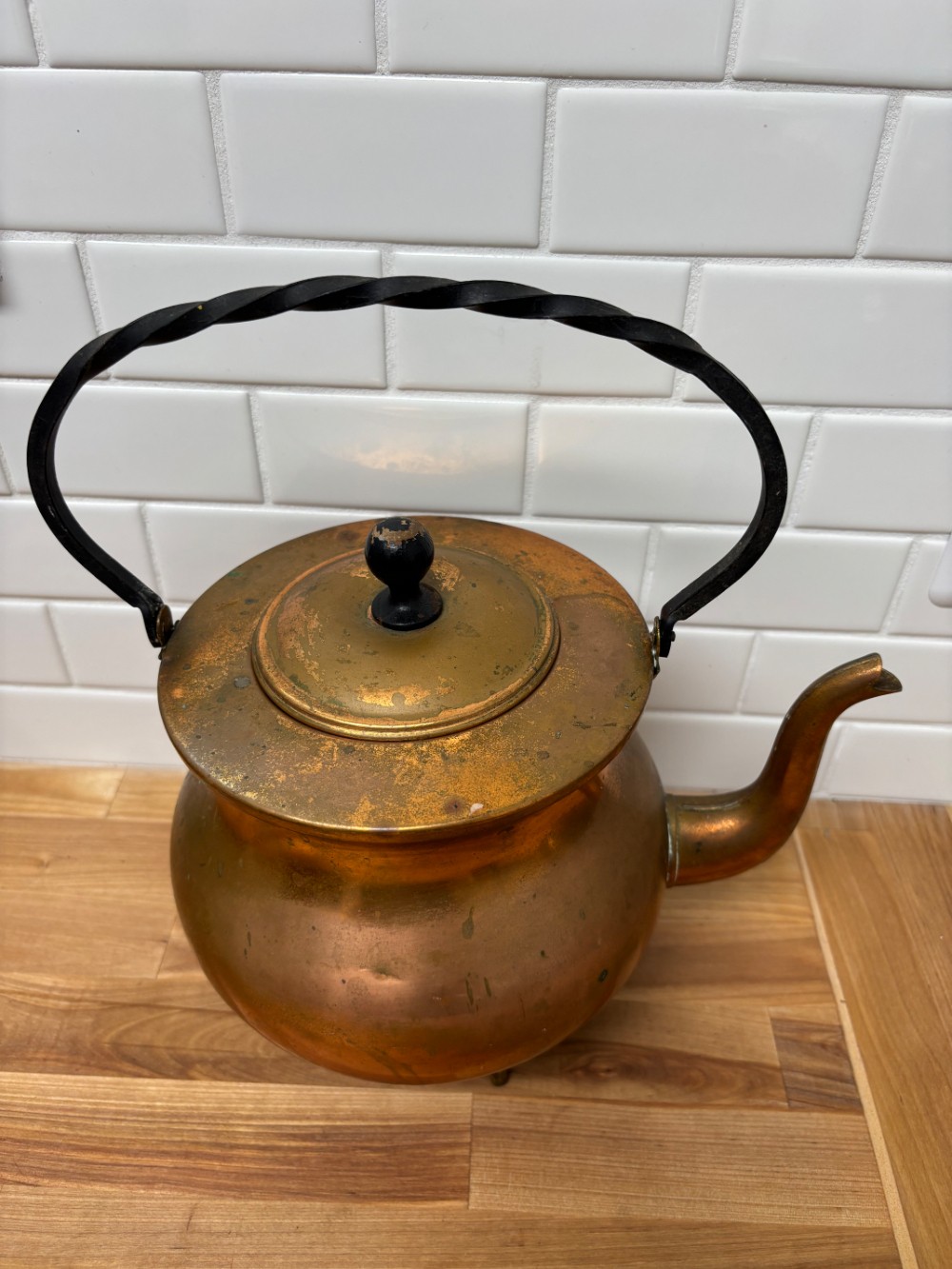 Copper Tea Kettle MCM Hammered Footed Wrought Iron Handle Vintage Unmarked