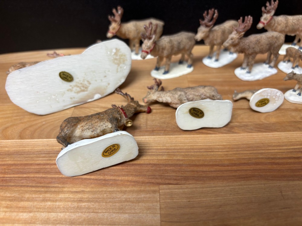 Christmas Village Miniature Reindeer Figurines with Snowman 11 Piece Set