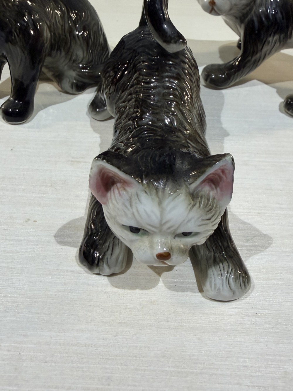 Vintage Gray & White Ceramic Cat Figurines Set of 3