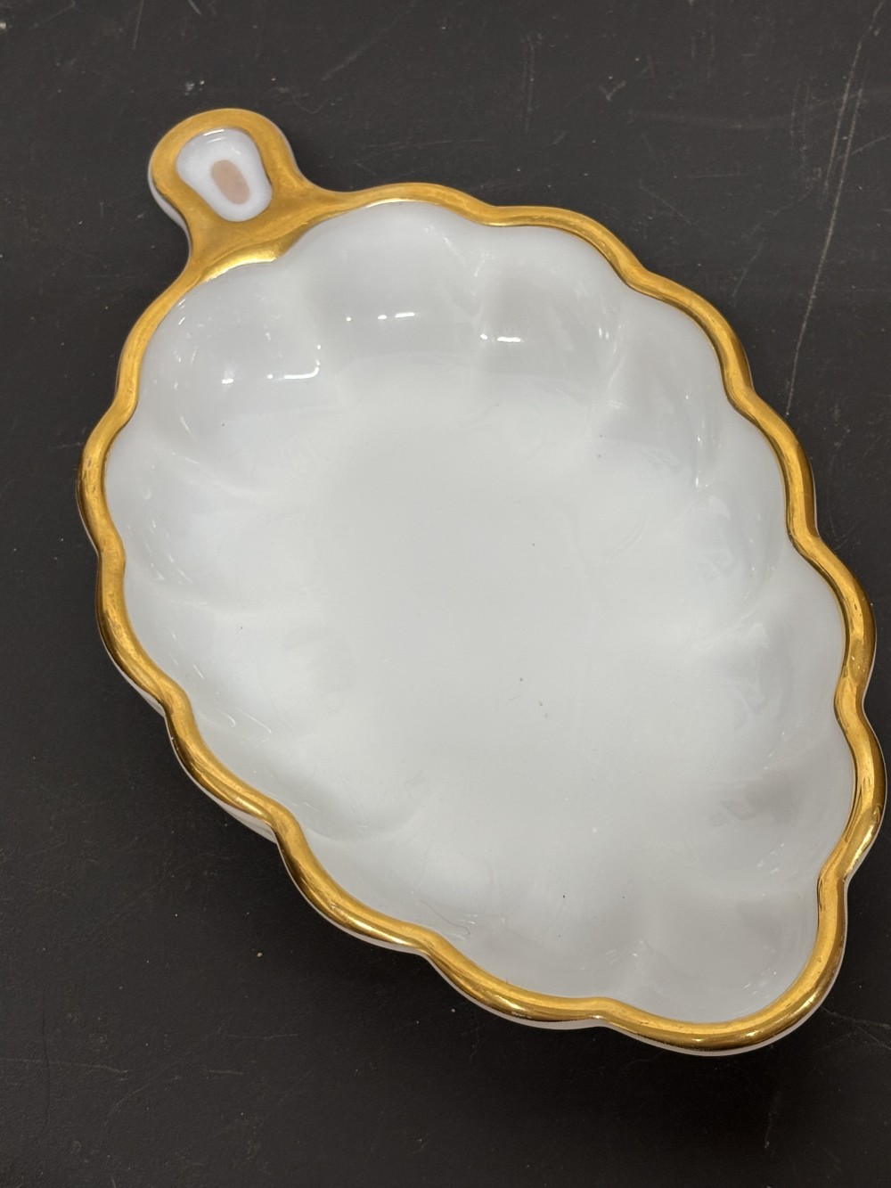 Vintage Mid-Century White Milk Glass Leaf Candy Dish Trinket Tray Ring Holder Gold Trim
