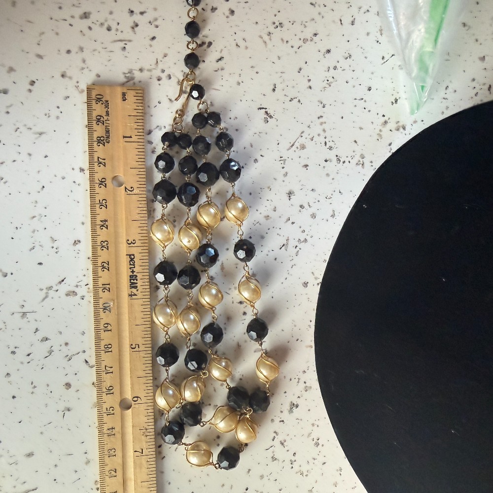 Vintage Black Glass And Caged Pearl Double Strand Necklace