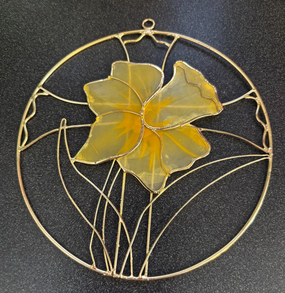 Capiz shell daffodil sun catcher on gold tone frame vintage