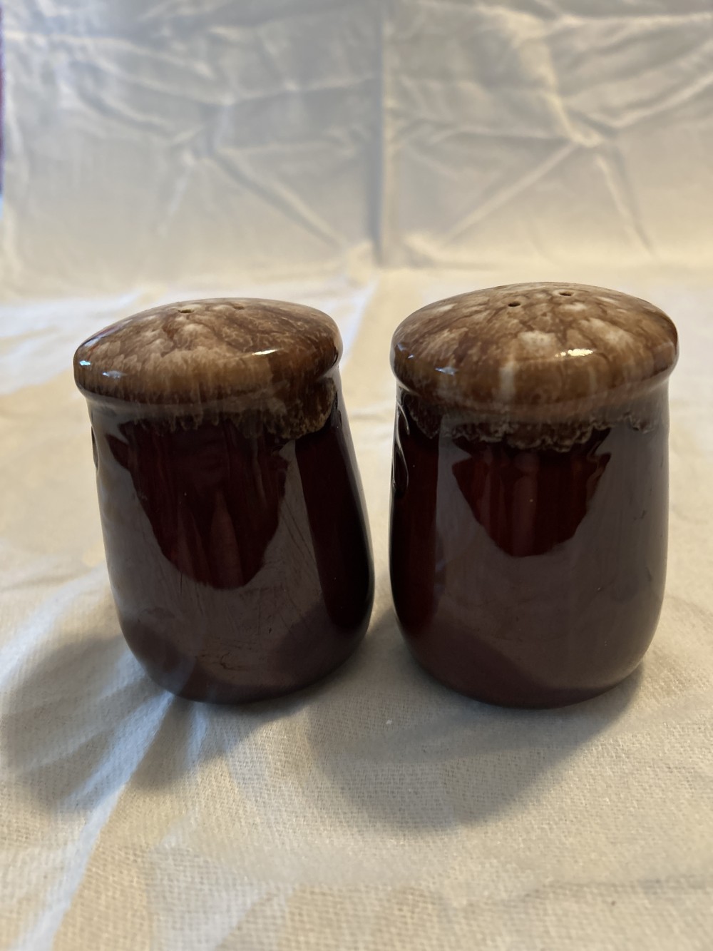Vintage McCoy Pottery Brown Drip Glaze Salt & Set with corks - excellent condition - as is - see pics