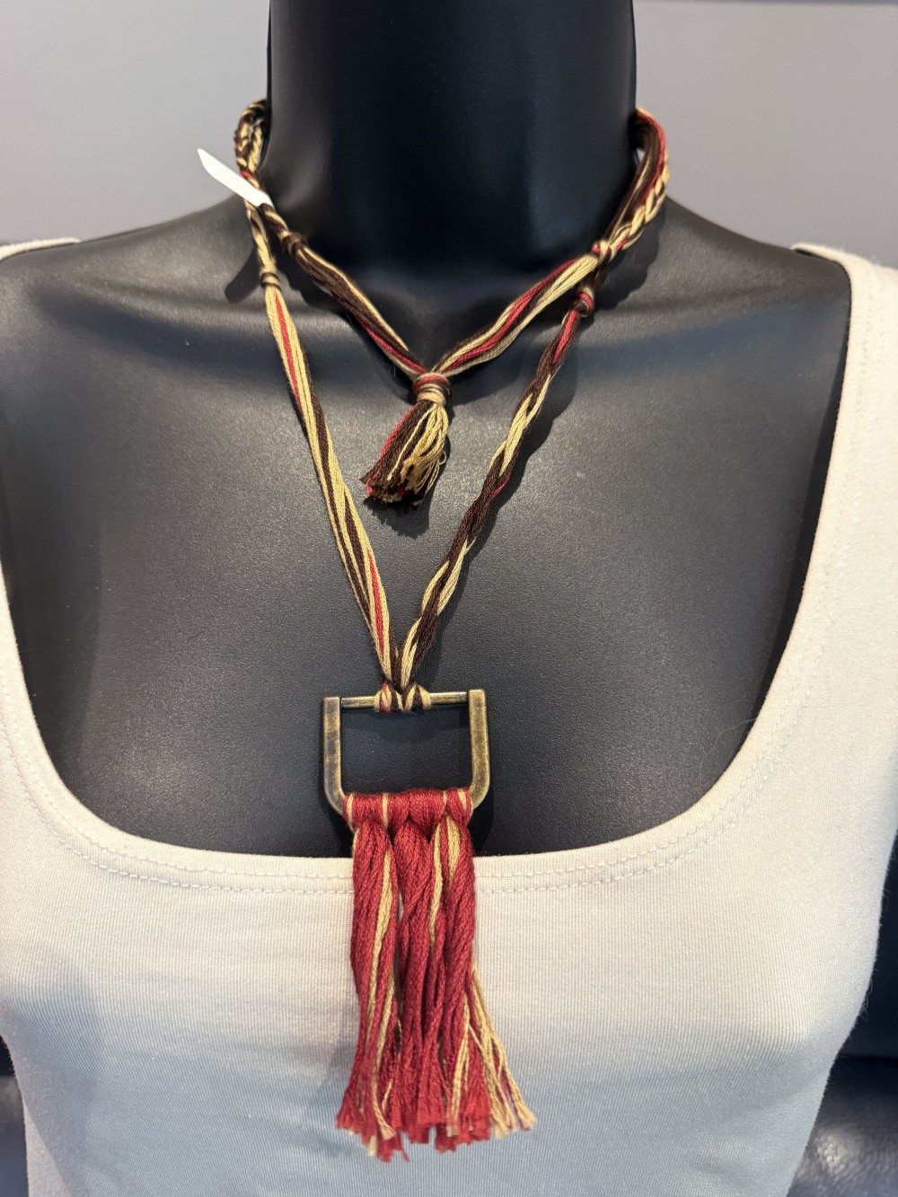 Necklace - Long Braided String Bronze Pendant