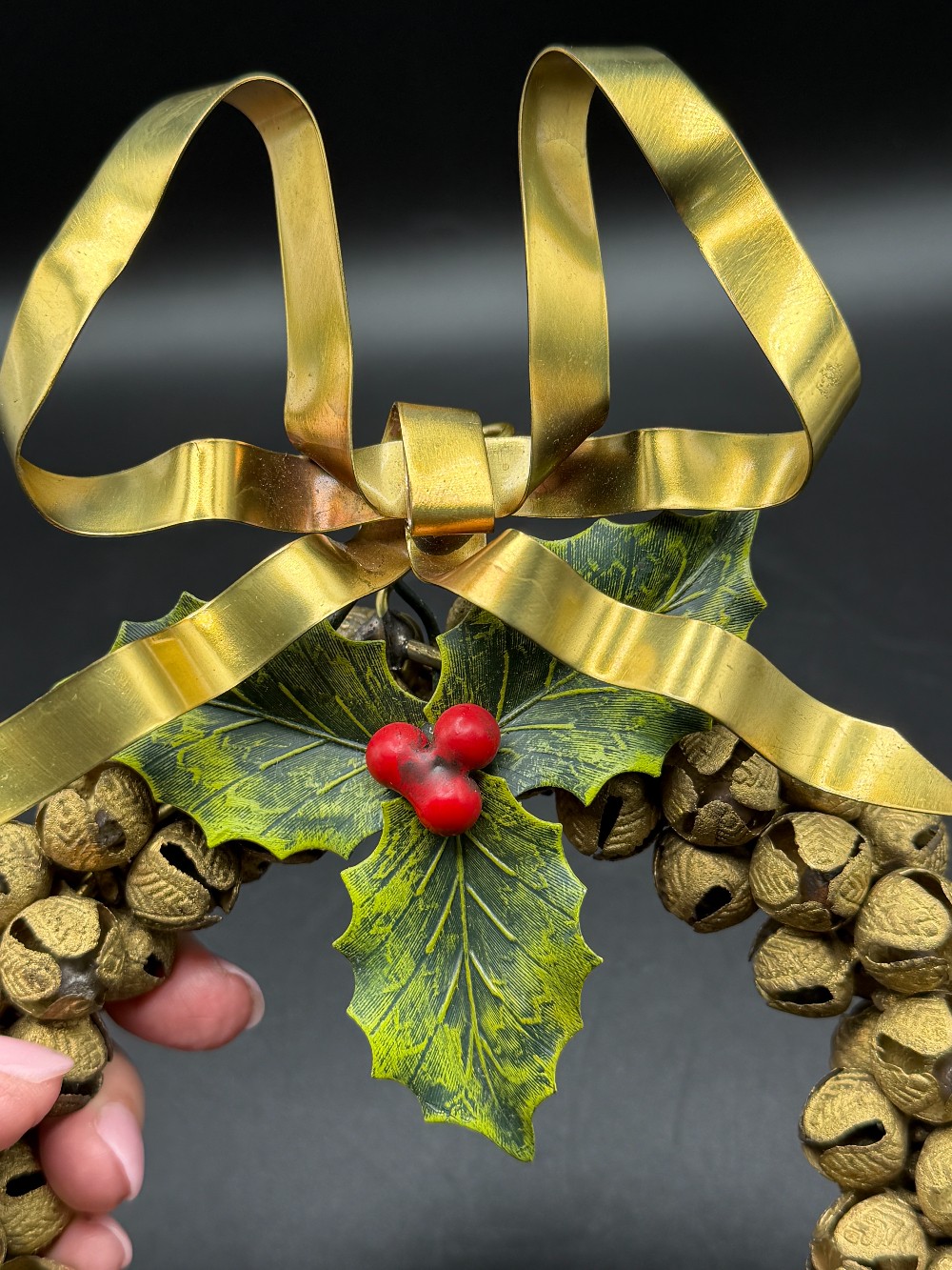 Vintage Petites Choses Brass Jingle Bell Wreath Ornament - Hand-Painted Holly & Bow