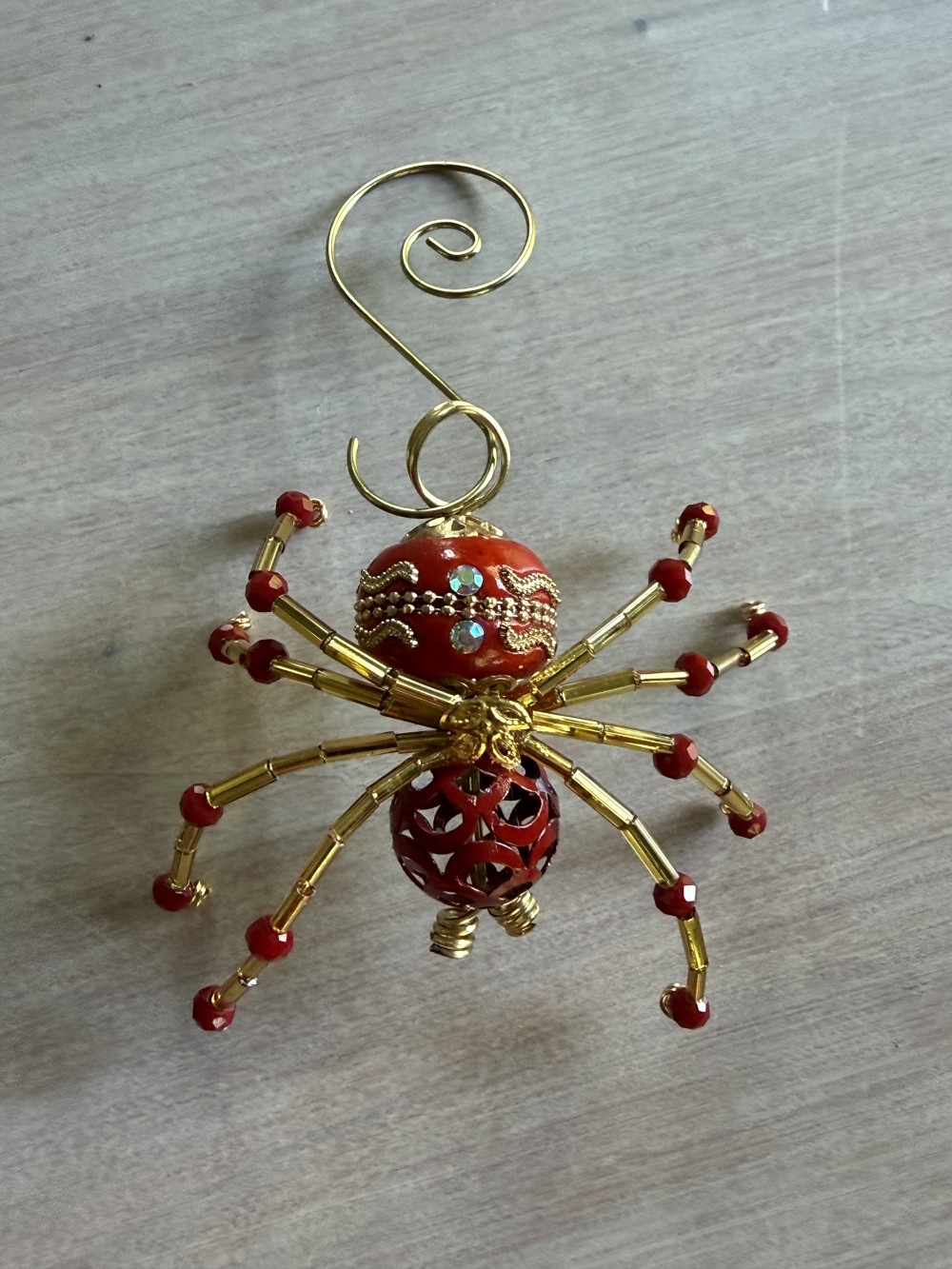 Ornament - Spider L Red Gold Embellished Bead
