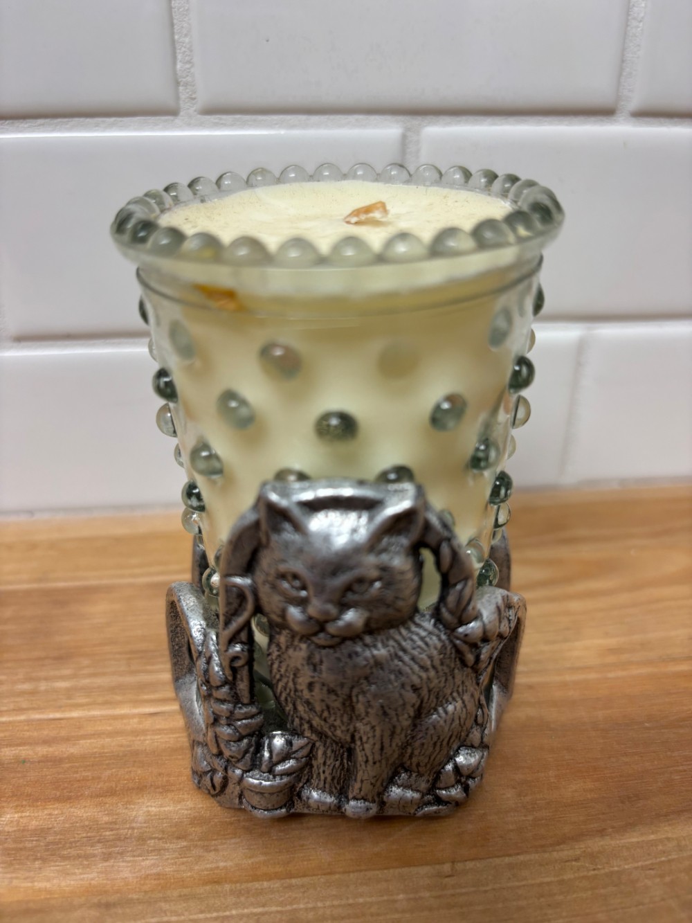 Pewter Cat Candle Holder Carlton 1997 Hobnail Glass Votive Kittycore