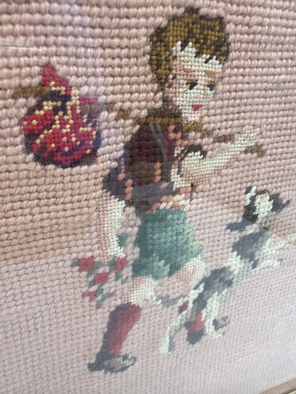 Vtg Framed Boy and Dog Needlepoint